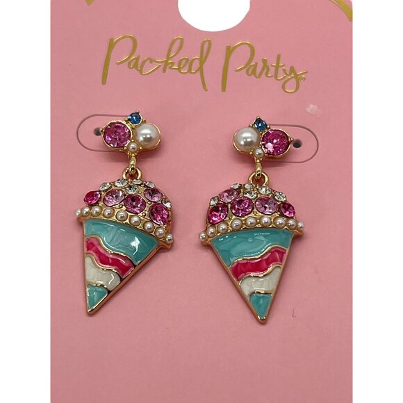 Packed Party Earrings Ice Cream Cone Dangle Gold Tone Enamel Rhinestones New - Picture 2 of 4